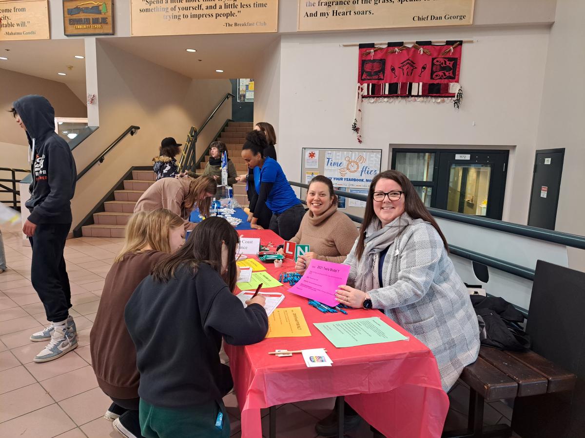 Students and volunteers discussing vehicle insurance.