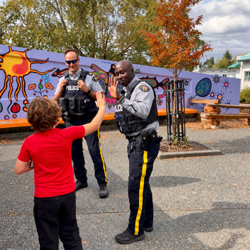 Picture of two police officers and a student interacting.
