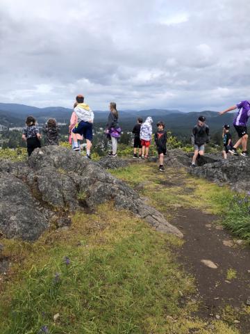 Students stand on a lookout point and look out over mountains.