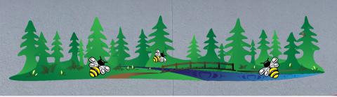 A mural of a forest with bumblebees in the foreground