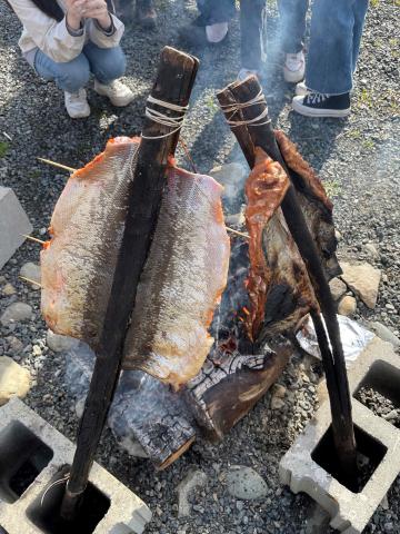 Salmon baking over a fire