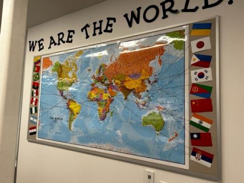 World Map in the foyer to show where we are all from